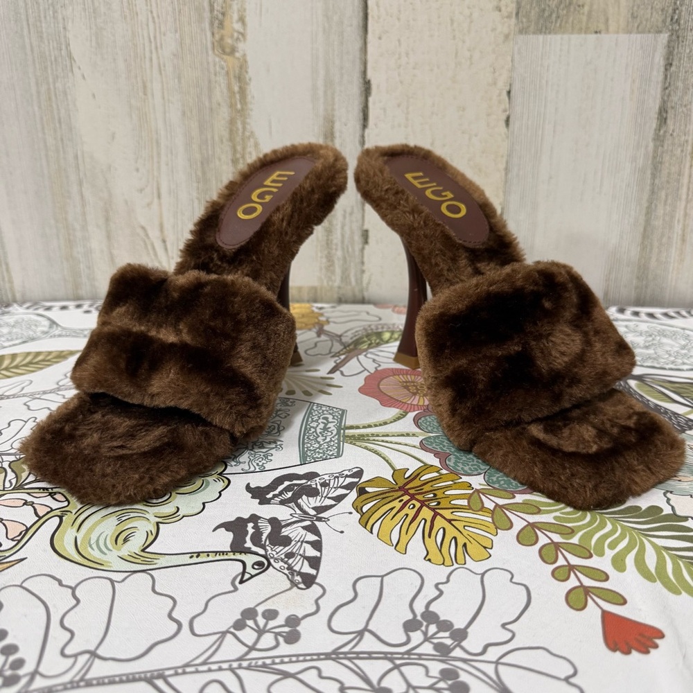 EGO Brown Faux Fur Open-Toe Mule Heels